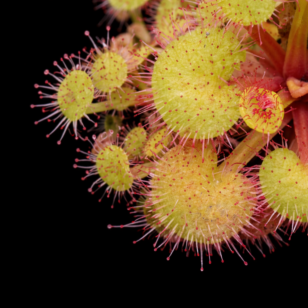 Close-up of spiky green plant with red stingers on a black background